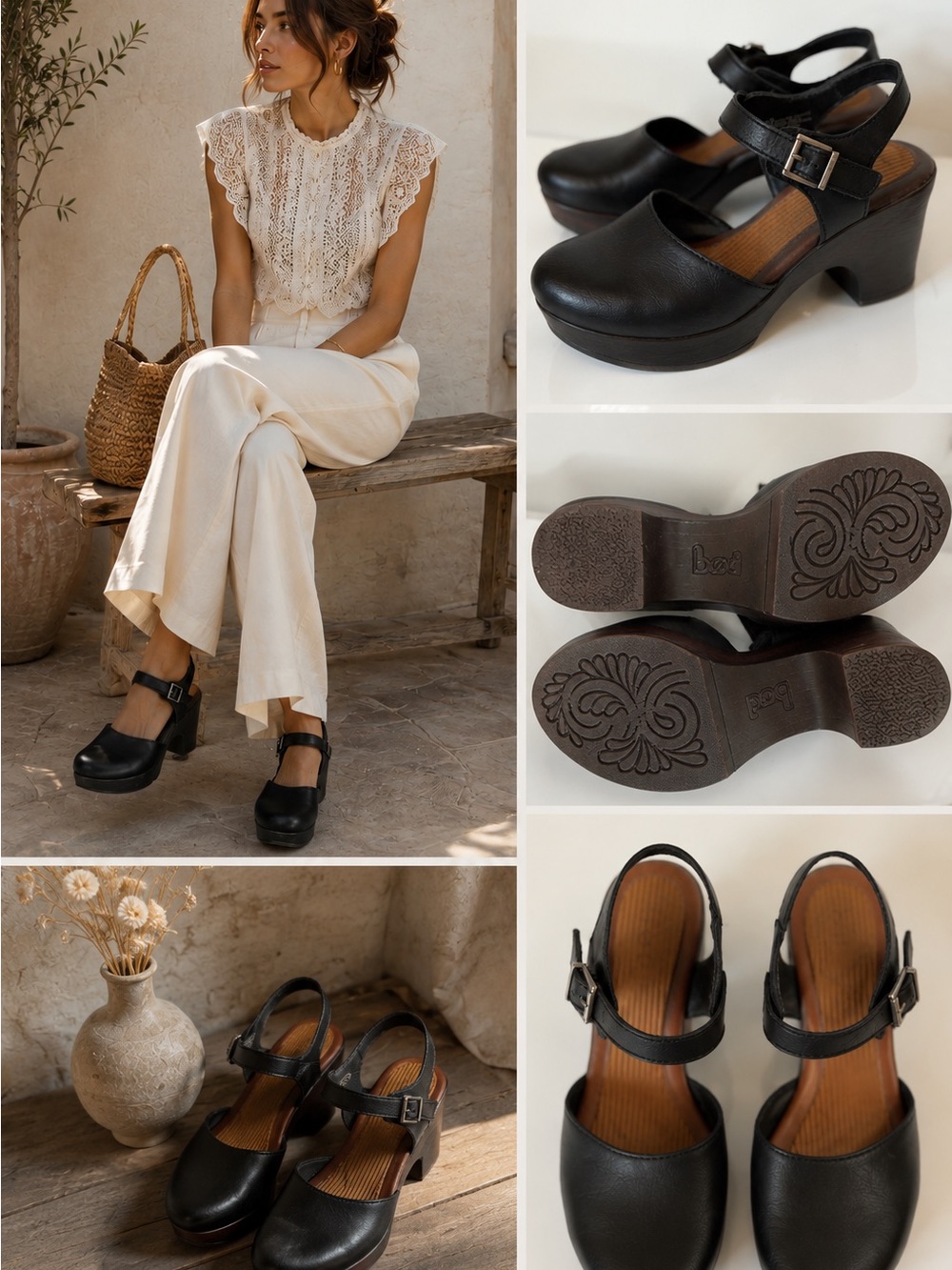 b.o.c. Leather Mary Jane Clog Heels Black Wooden Platform Shoes
